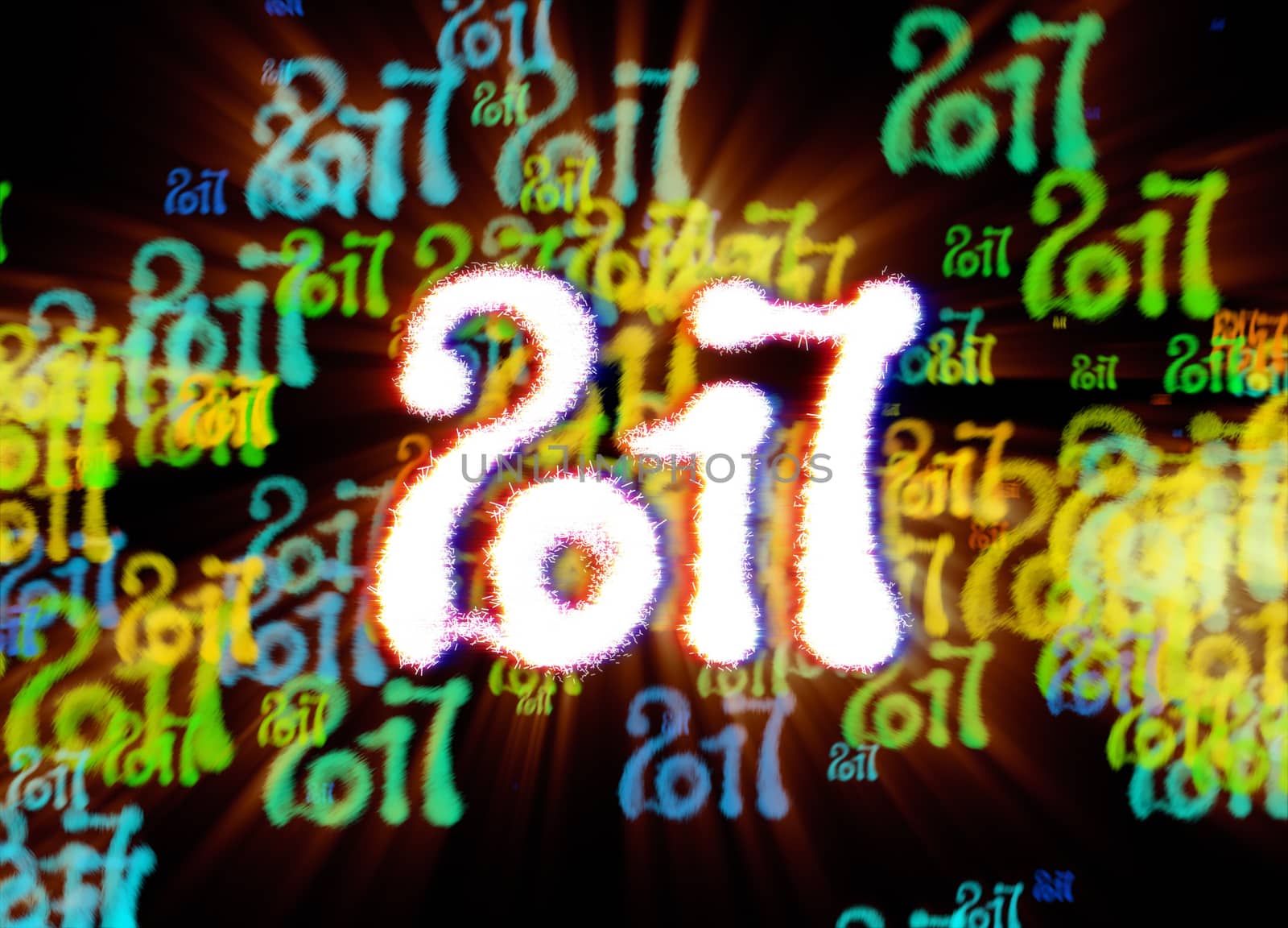 Happy new year 2017 isolated numbers written with light on bright bokeh background full of flying digits 3d illustration by skrotov