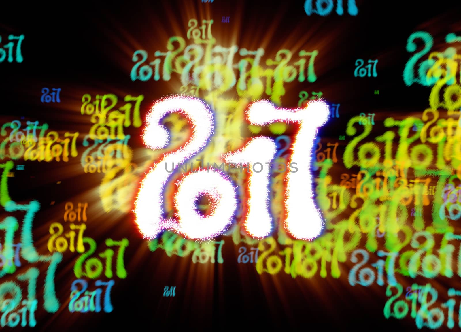 Happy new year 2017 isolated numbers written with light on bright bokeh background full of flying digits 3d illustration by skrotov