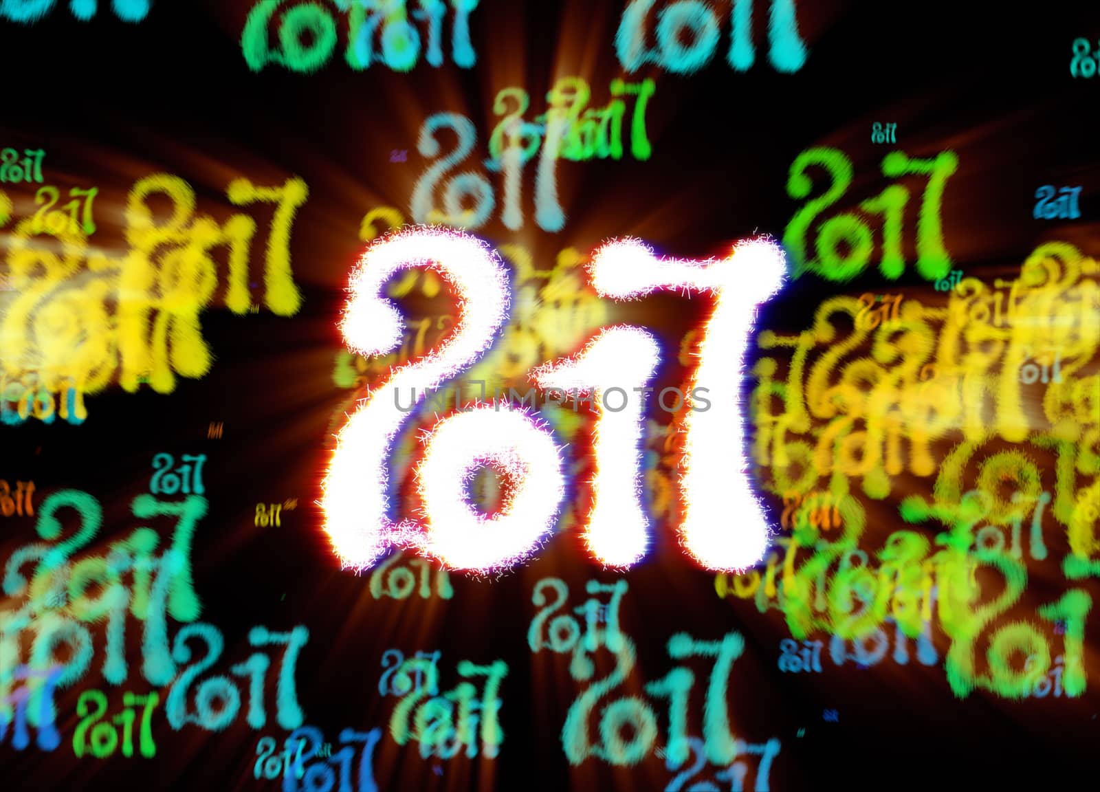 Happy new year 2017 isolated numbers written with light on bright bokeh background full of flying digits 3d illustration by skrotov