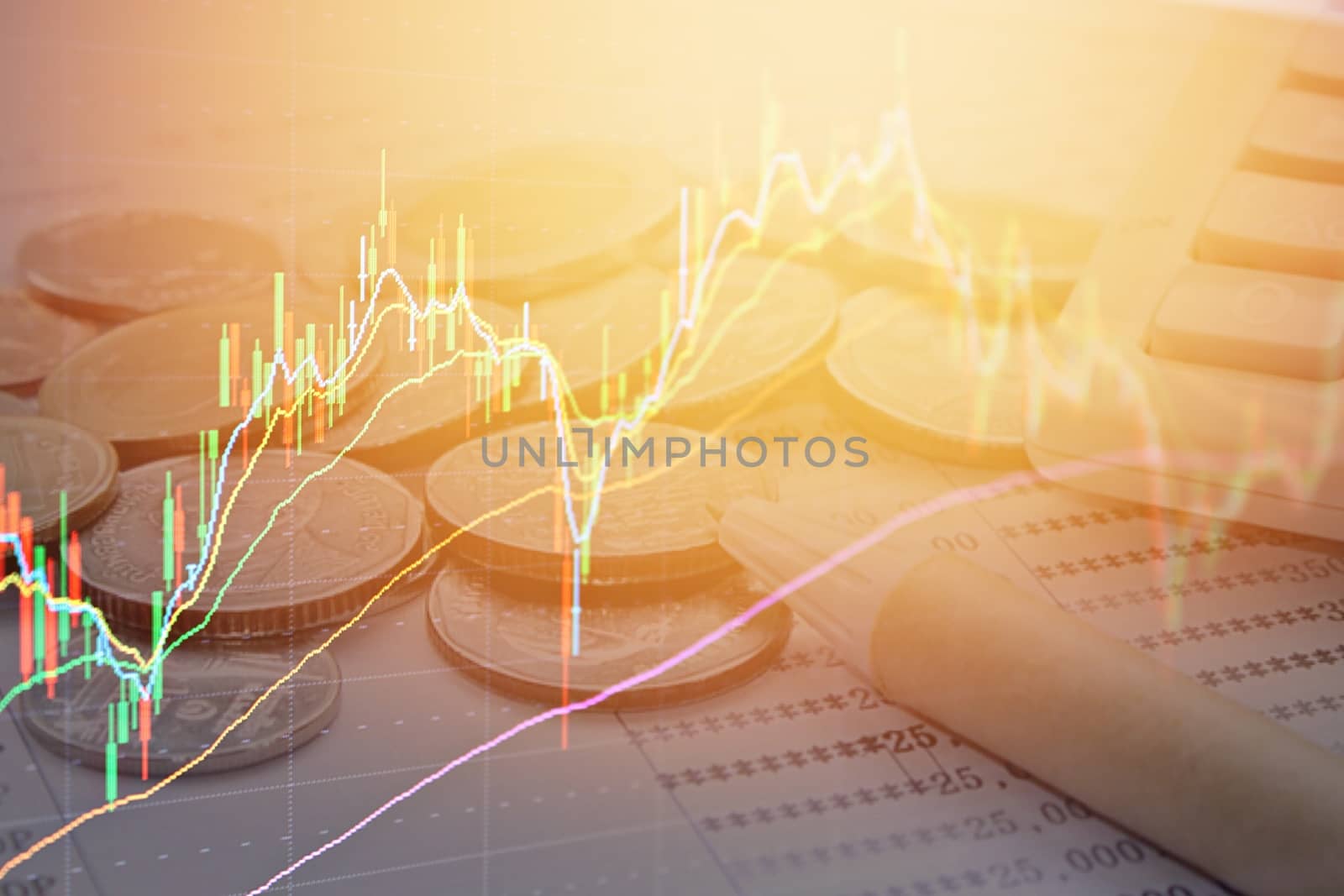 Business, finance, saving or investment background concept : Double exposure of stock exchange graph chart and coins, pen, calculator, saving account passbook