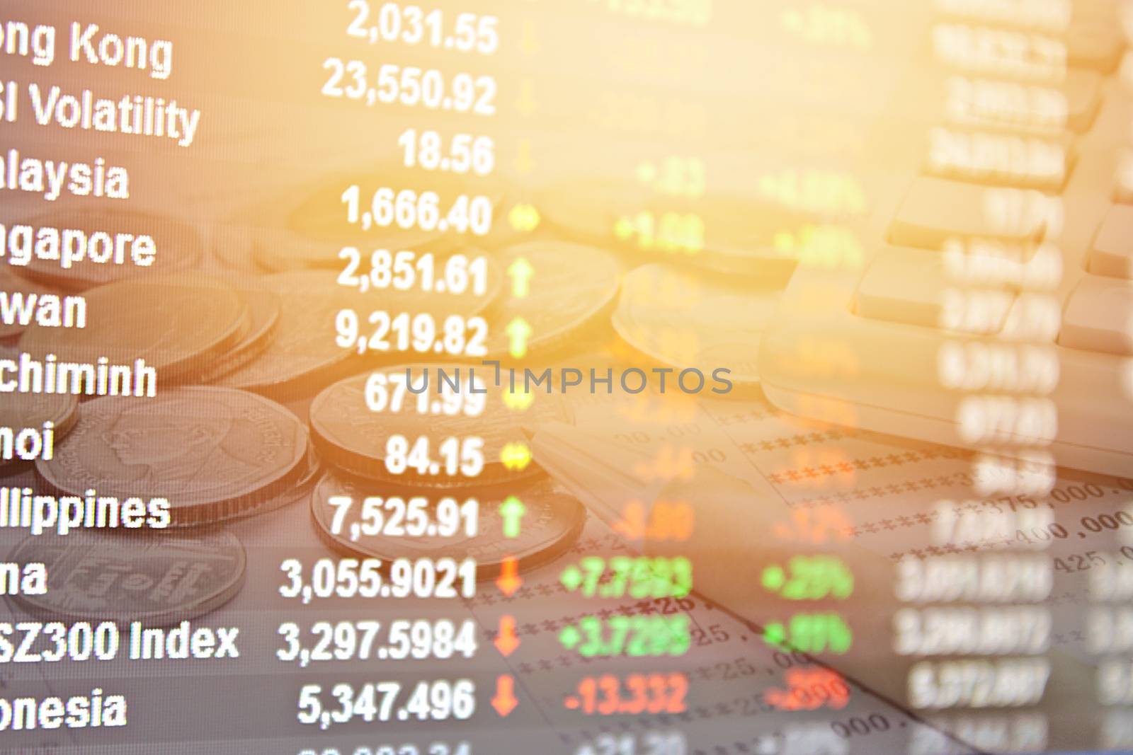 Business, finance, saving or investment background concept : Double exposure of Asia Pacific stock market index and coins, pen, calculator, saving account passbook