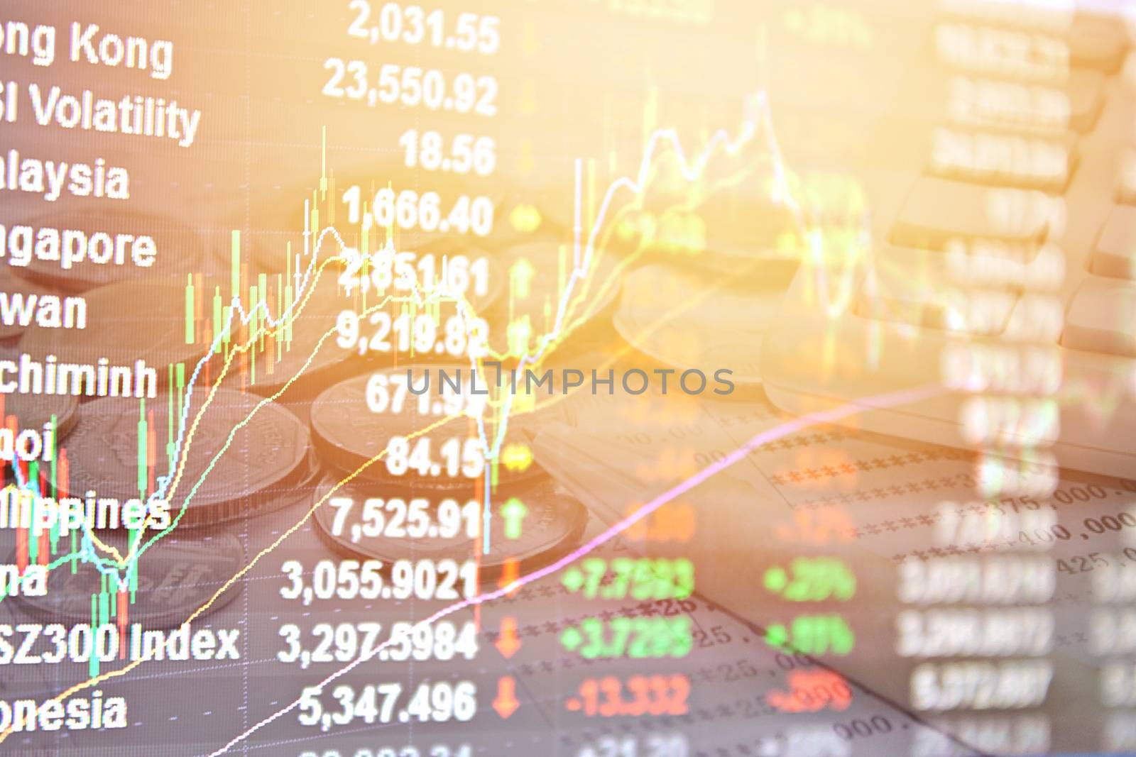 Business, finance, saving or investment background concept : Double exposure of Asia Pacific stock market index, stock exchange graph chart and coins, pen, calculator, saving account passbook