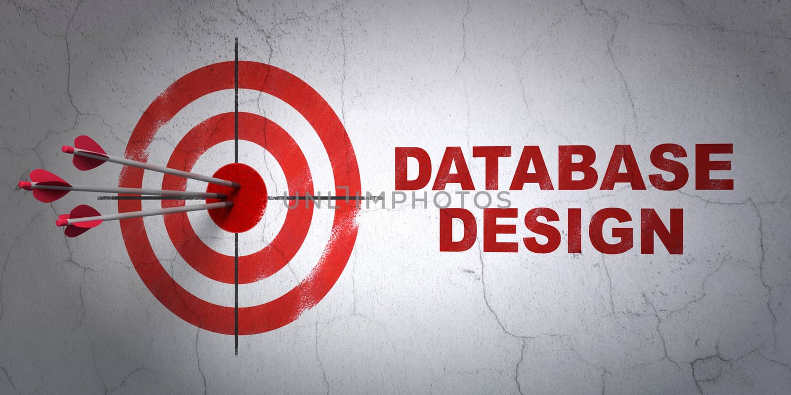 Success Database concept: arrows hitting the center of target, Red Database Design on wall background, 3D rendering