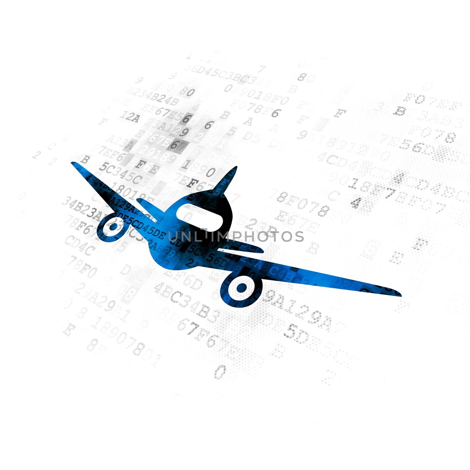 Tourism concept: Pixelated blue Aircraft icon on Digital background