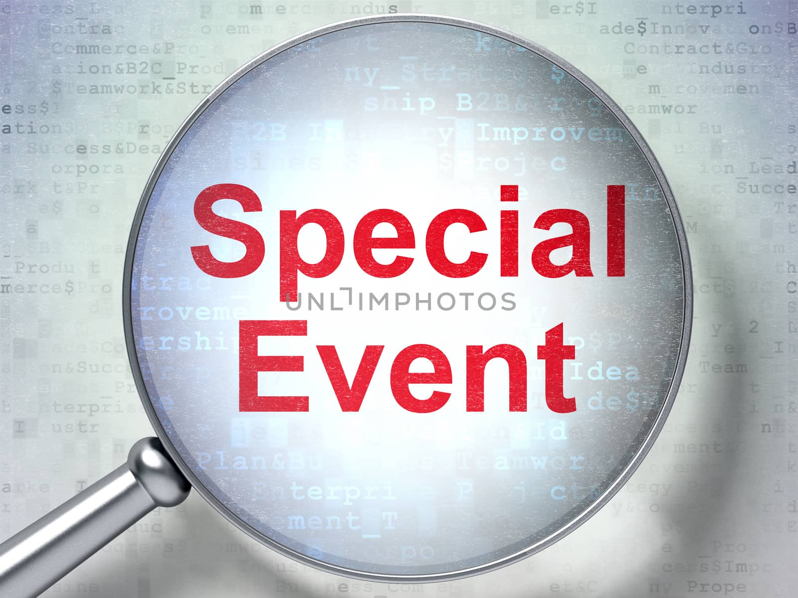 Business concept: magnifying optical glass with words Special Event on digital background, 3D rendering