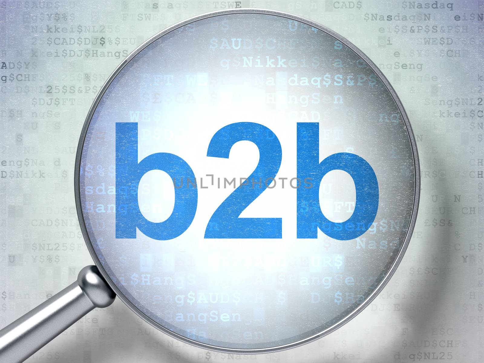 Business concept: magnifying optical glass with words B2b on digital background, 3D rendering