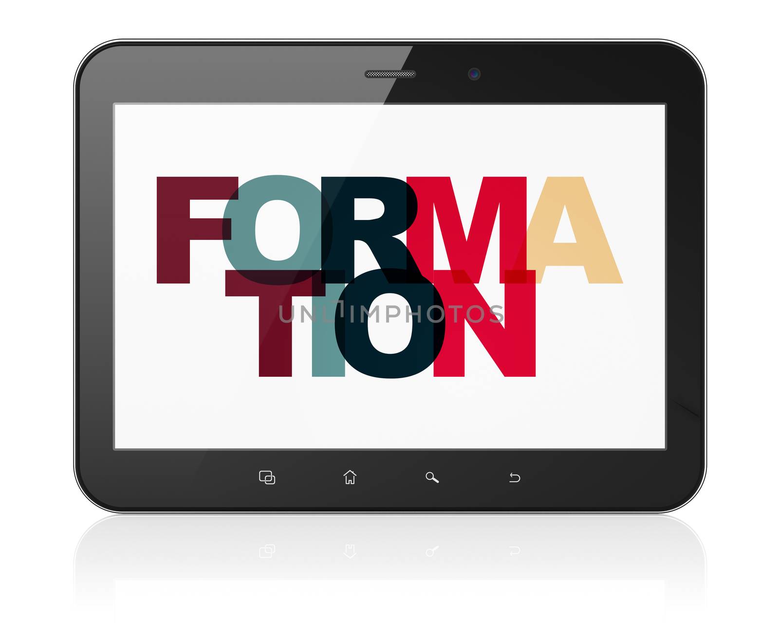 Learning concept: Tablet Computer with Painted multicolor text Formation on display, 3D rendering