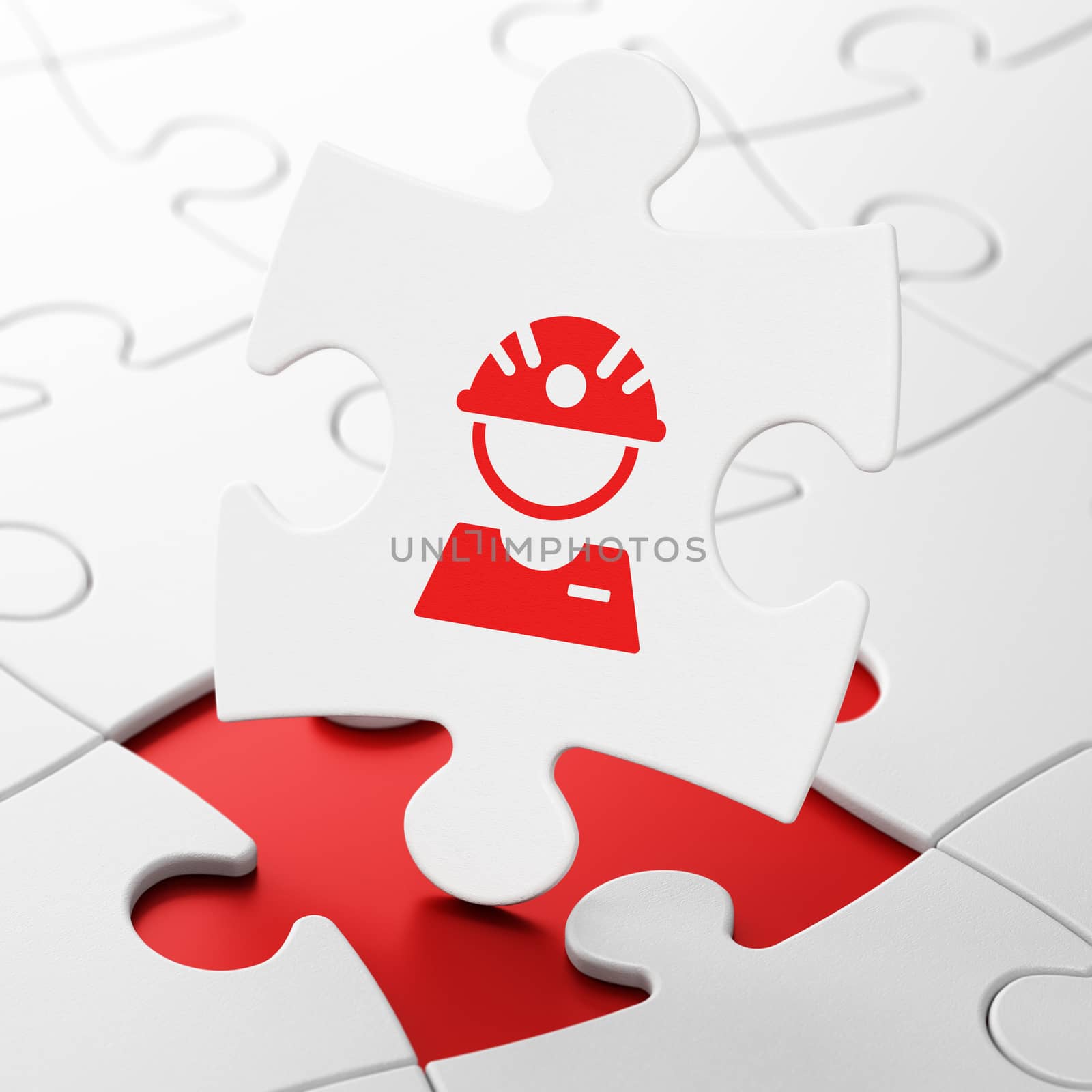 Industry concept: Factory Worker on White puzzle pieces background, 3D rendering