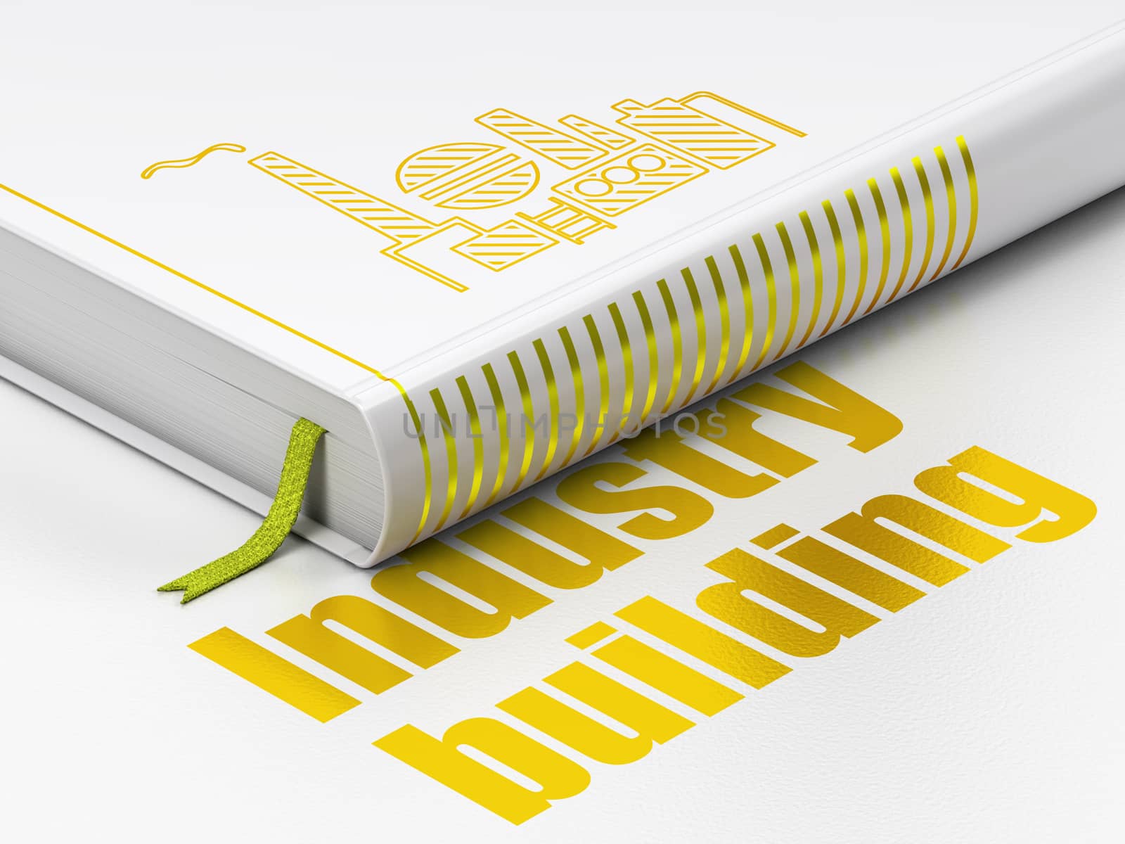 Manufacuring concept: closed book with Gold Oil And Gas Indusry icon and text Industry Building on floor, white background, 3D rendering