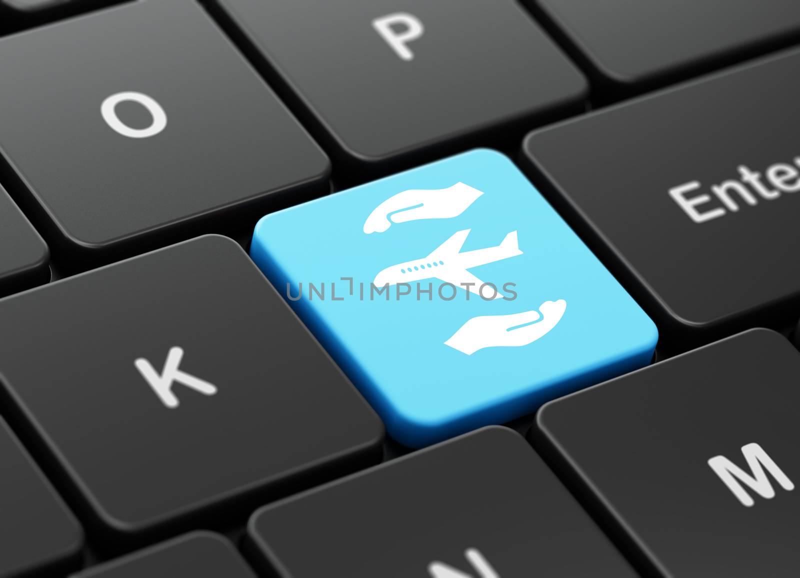 Insurance concept: computer keyboard with Airplane And Palm icon on enter button background, 3D rendering