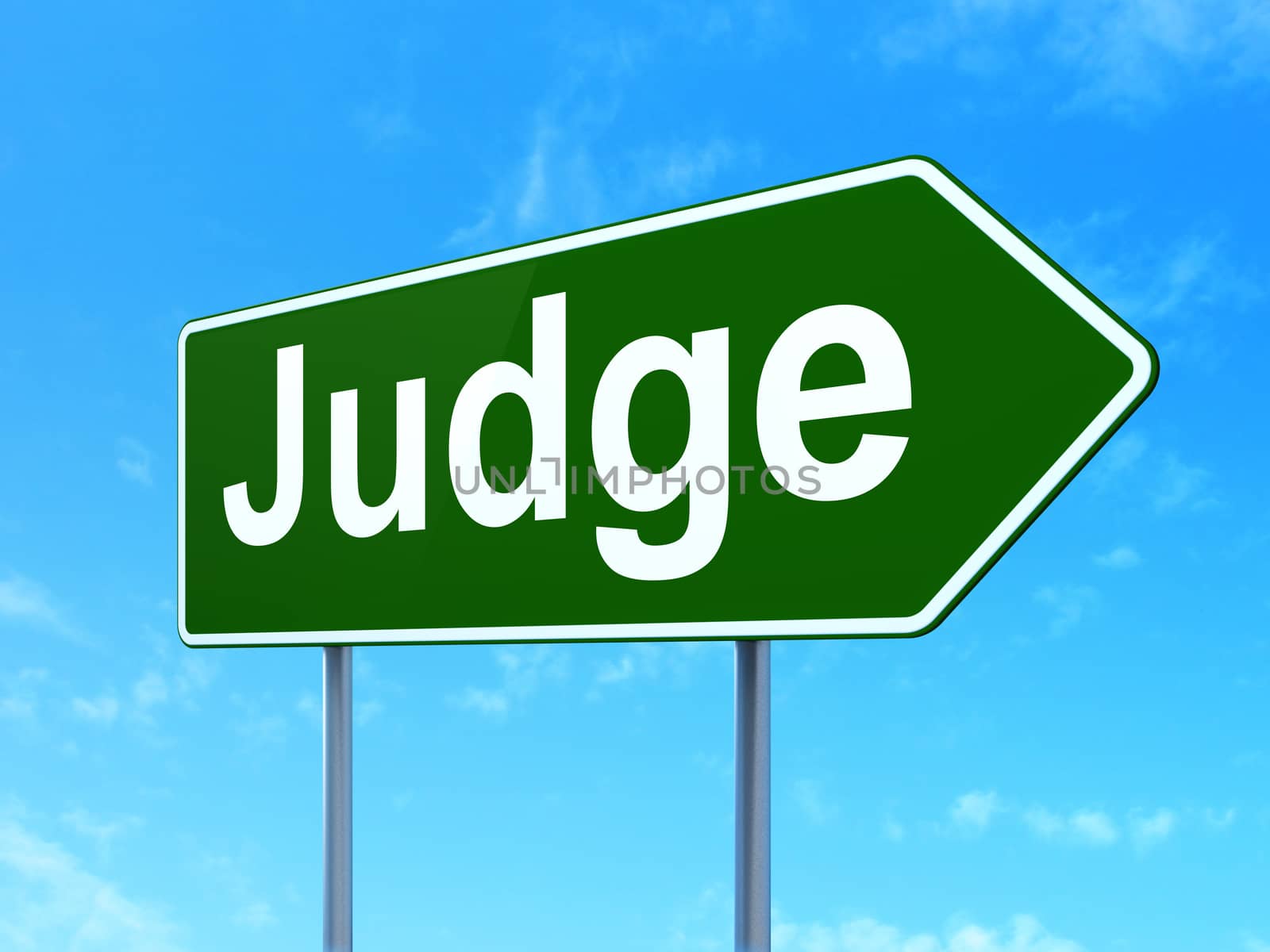 Law concept: Judge on green road highway sign, clear blue sky background, 3D rendering