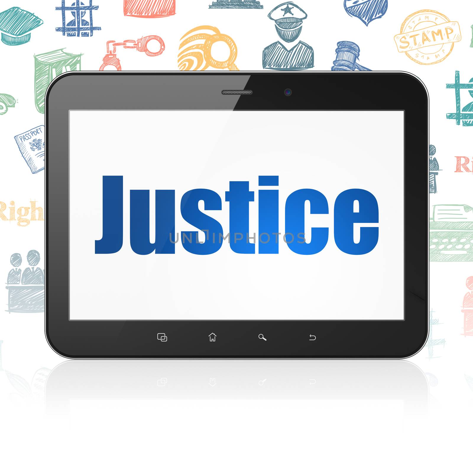 Law concept: Tablet Computer with  blue text Justice on display,  Hand Drawn Law Icons background, 3D rendering