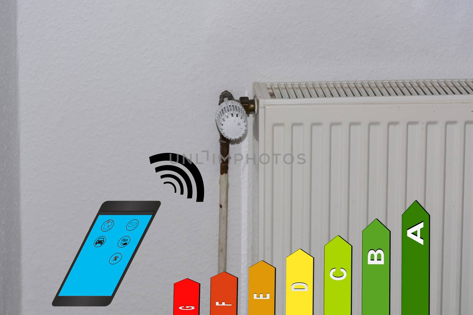 Concept, temperature setting Heating via smartphone with
Energy efficiency class Symbol. Smart Home Control.