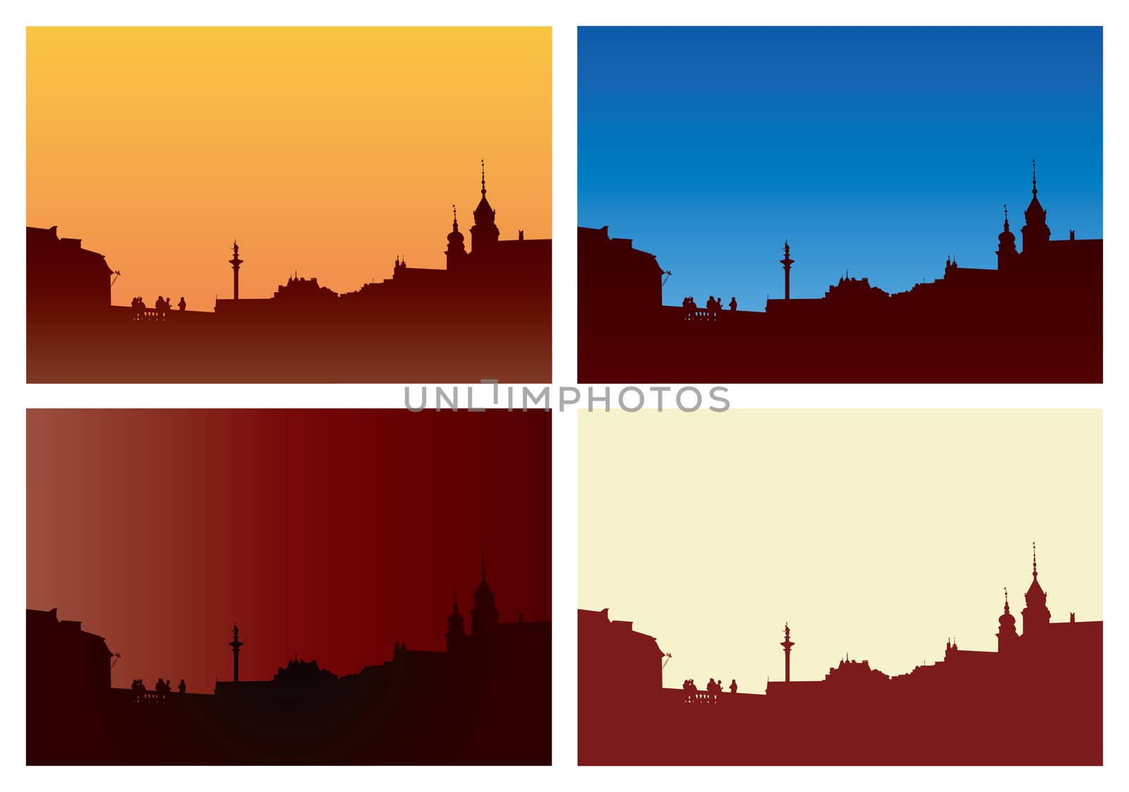 Old Town Warsaw vector illustration. Four color versions.