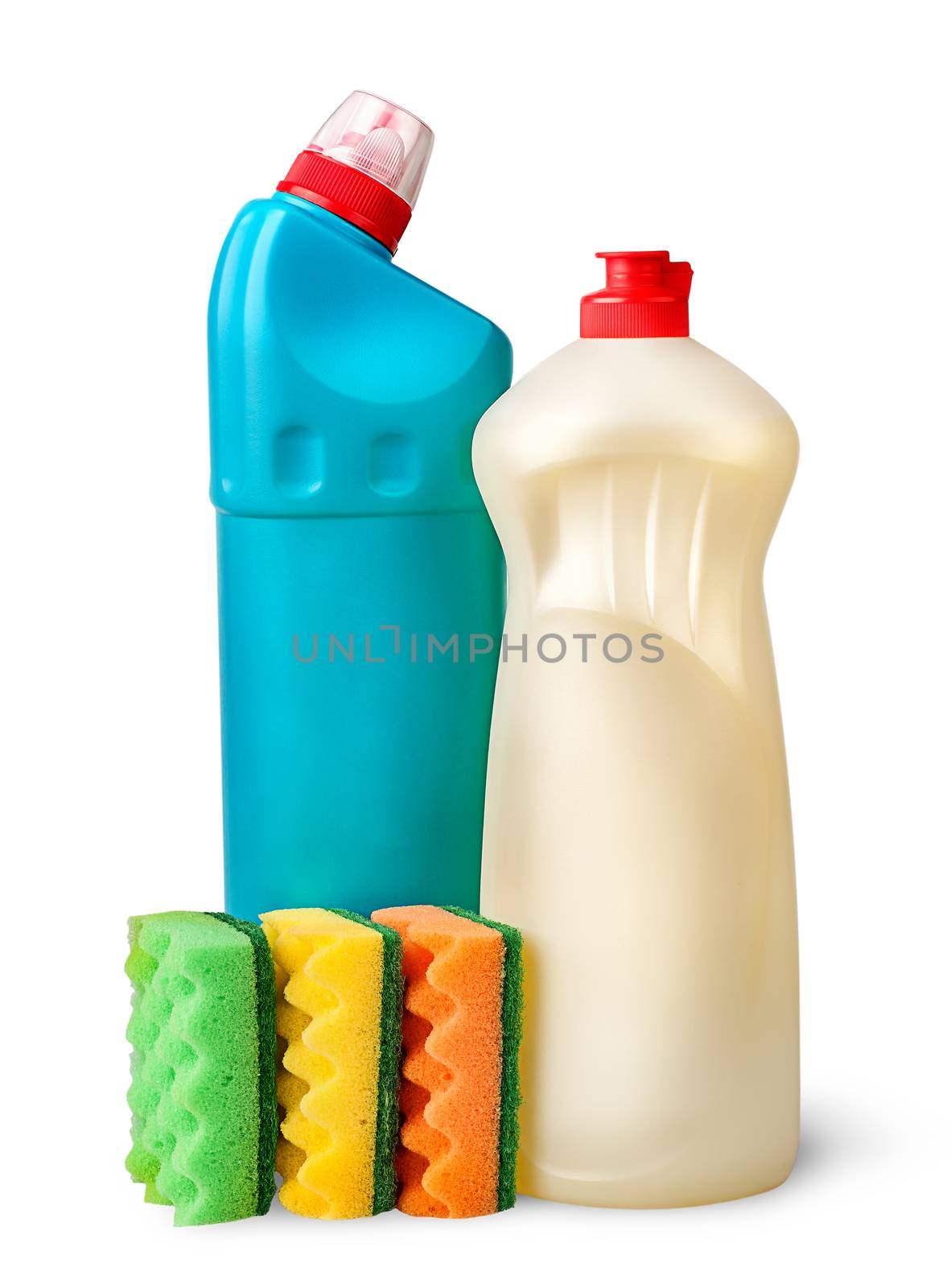 Sponges and detergent isolated on white background
