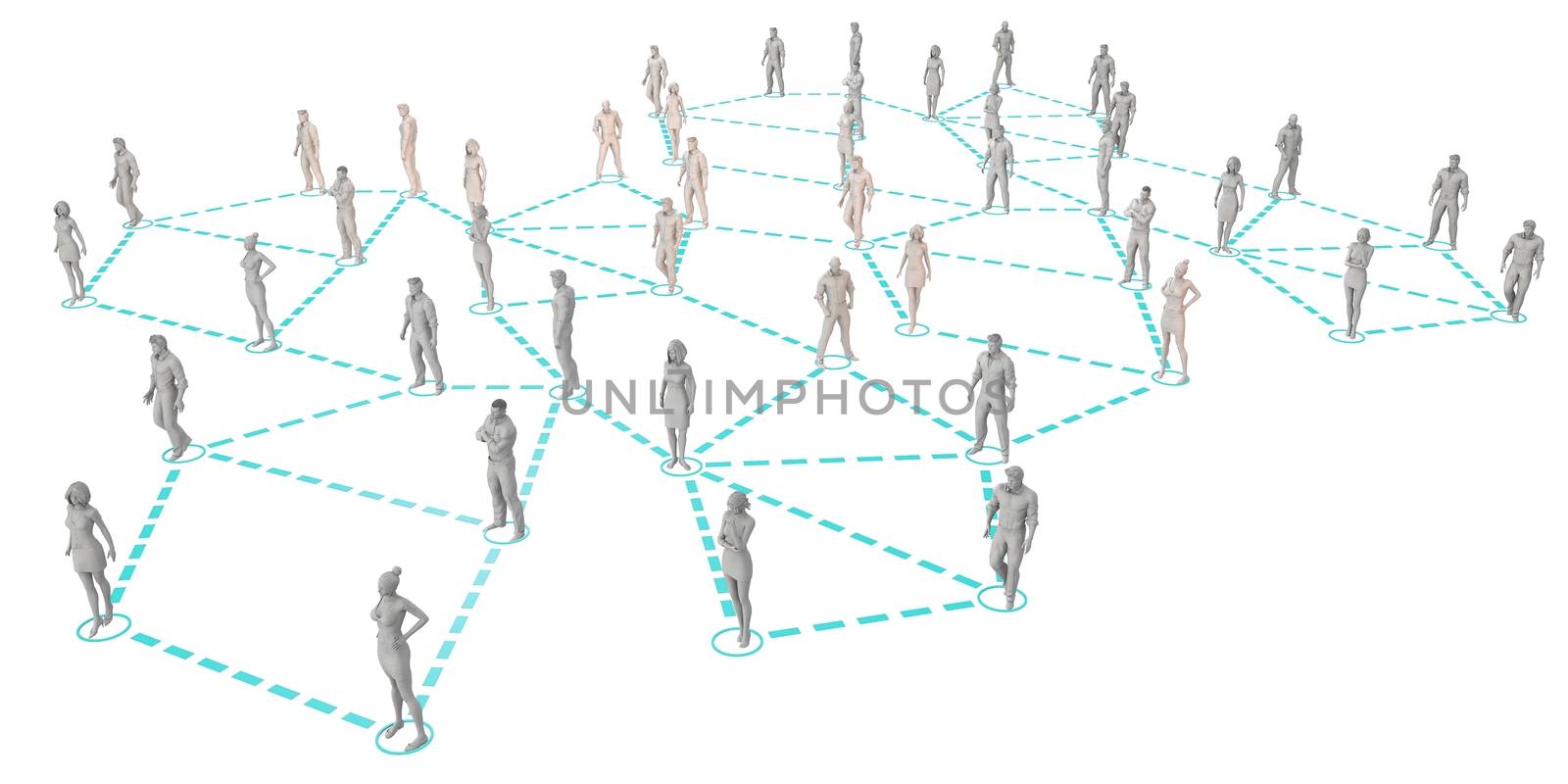 Crowd of 3D Figures Linked by Lines and Technology