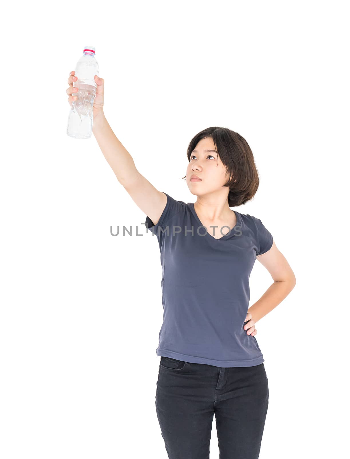 Asian woman hold bottled water on white  by stoonn