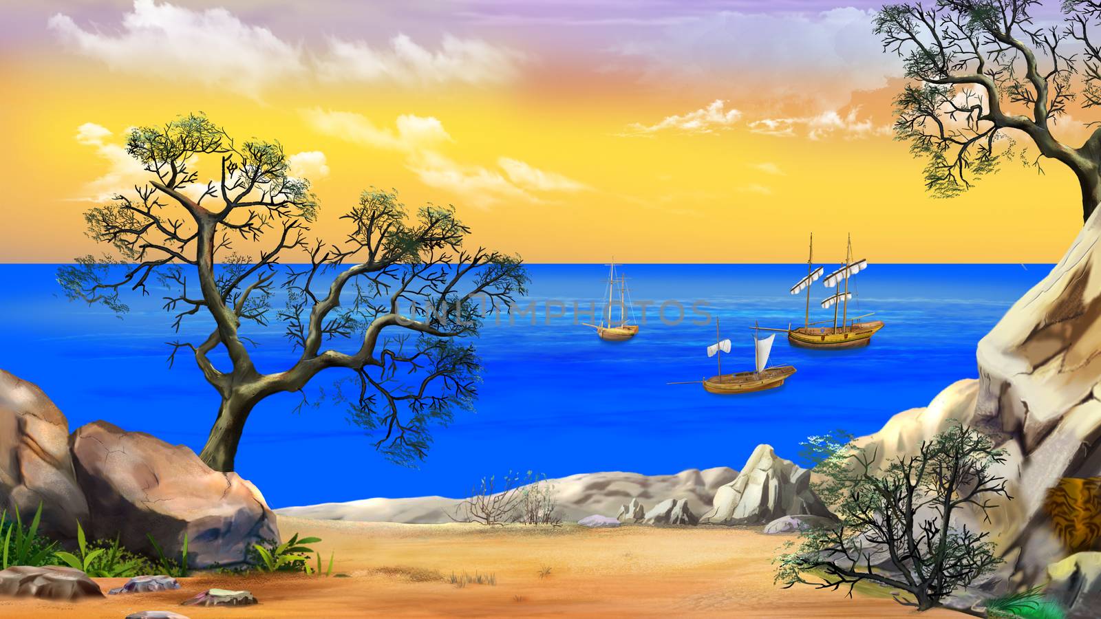 View of the Bay with Sailboats Against Yellow  Sky at Dawn by Multipedia