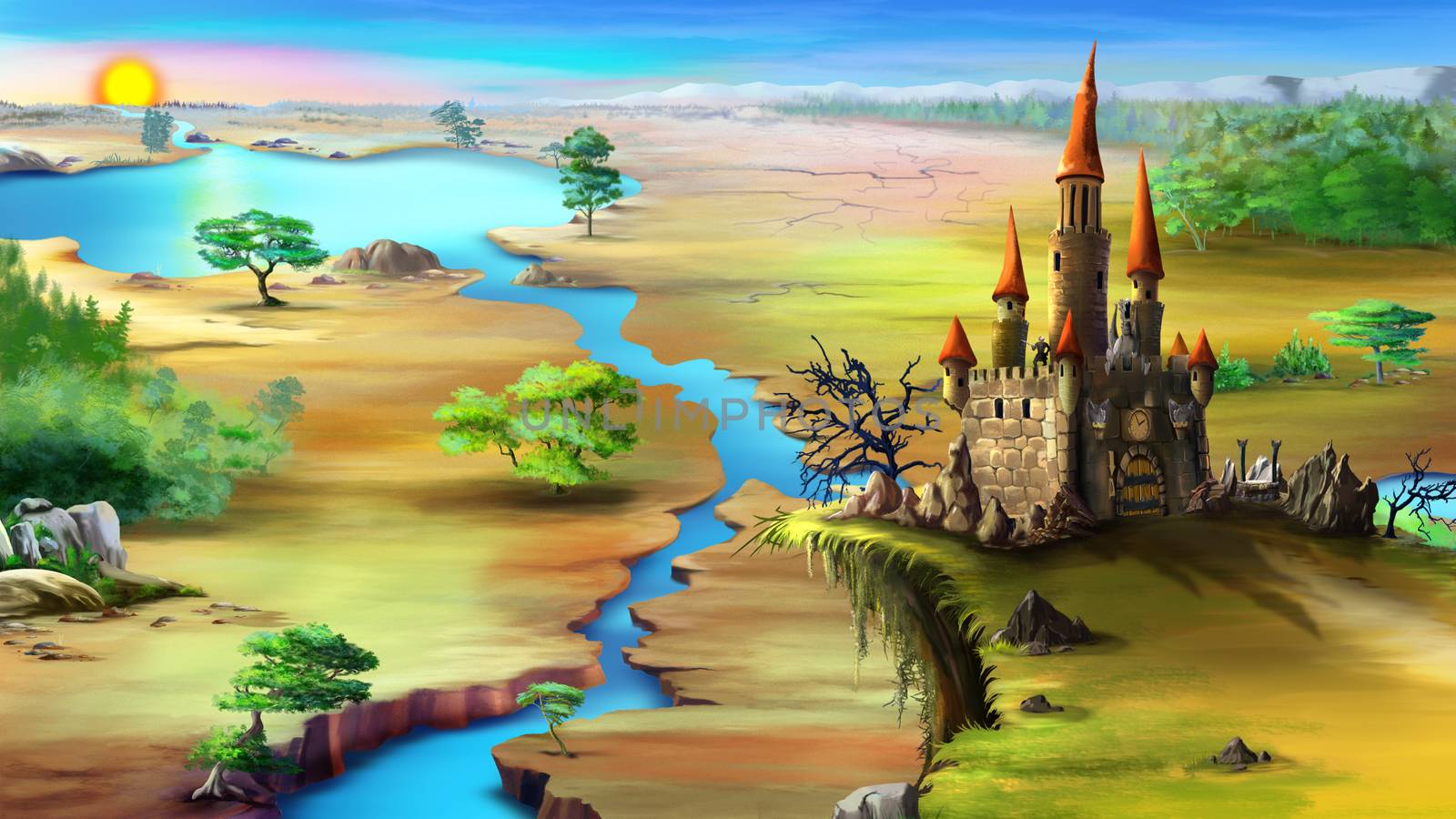 Landscape with rising sun, blue river and magical castle on a ro by Multipedia