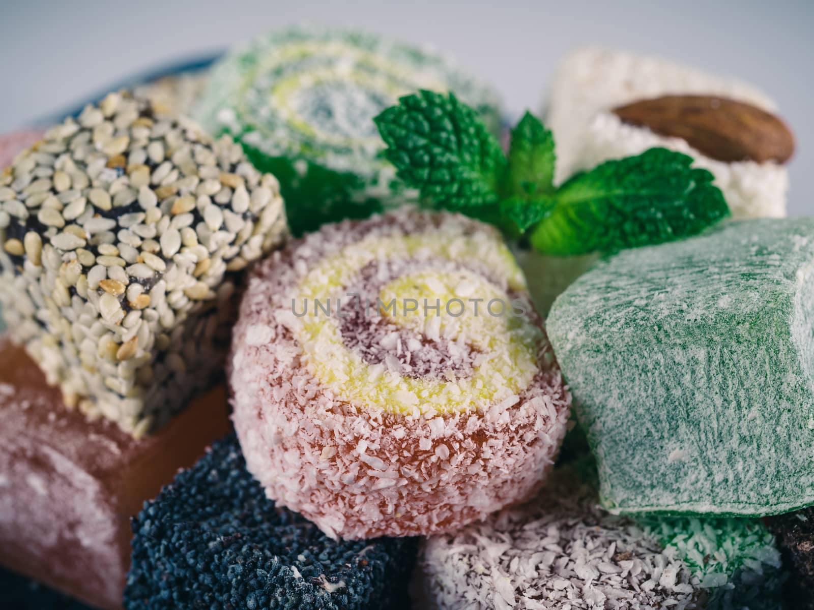 Closeup view of assortment turkish delight. Selective focus.