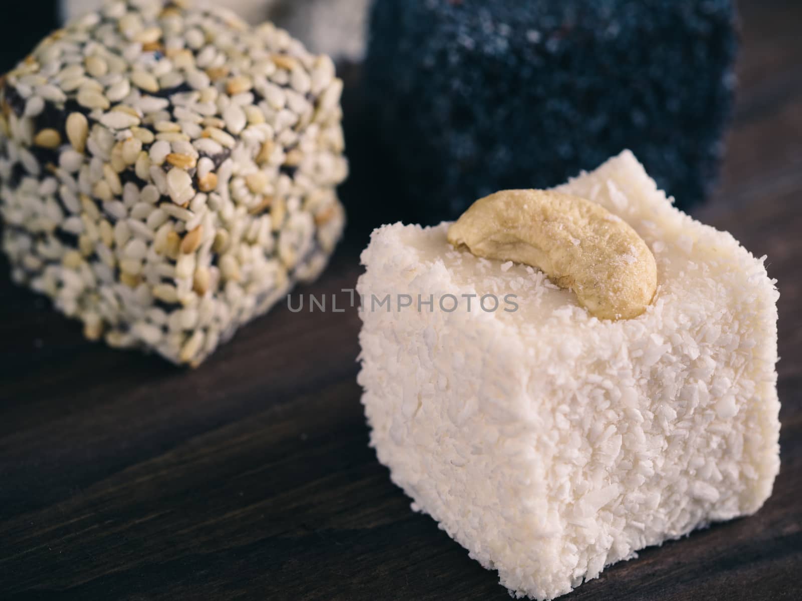 Extreme closeup view of cube of turkish delight. Selective focus.