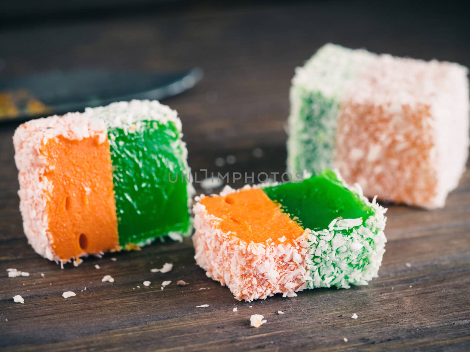 Extreme closeup view of slice of turkish delight. Selective focus.