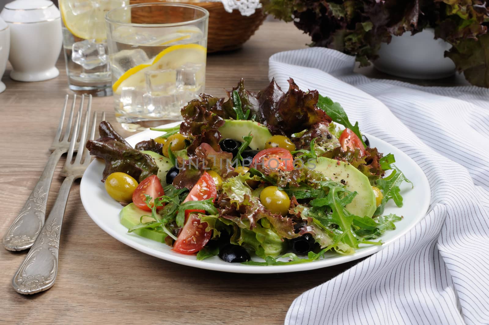 Summer salad - with avocado, olives, tomatoes in lettuce dressed, mustard-garlic sauce