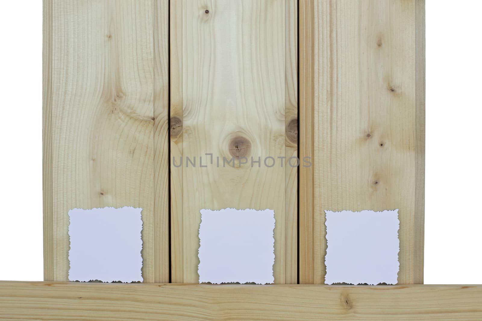 Three jagged note on wood, isolated on white