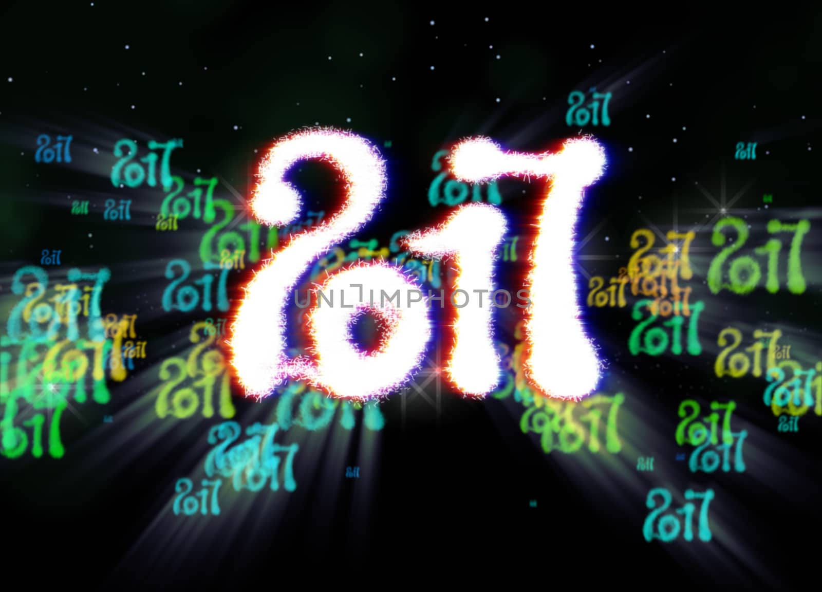 Happy new year 2017 isolated numbers written with light on bright bokeh background full of flying digits 3d illustration by skrotov