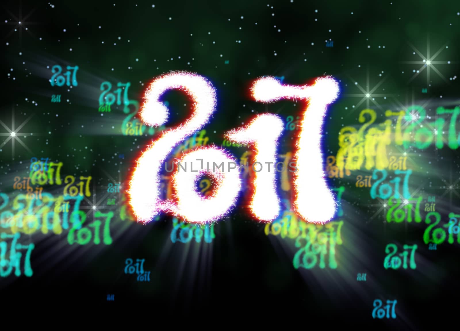 Happy new year 2017 isolated numbers written with light on bright bokeh background full of flying digits 3d illustration.