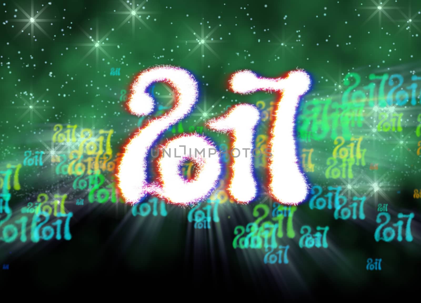 Happy new year 2017 isolated numbers written with light on bright bokeh background full of flying digits 3d illustration by skrotov