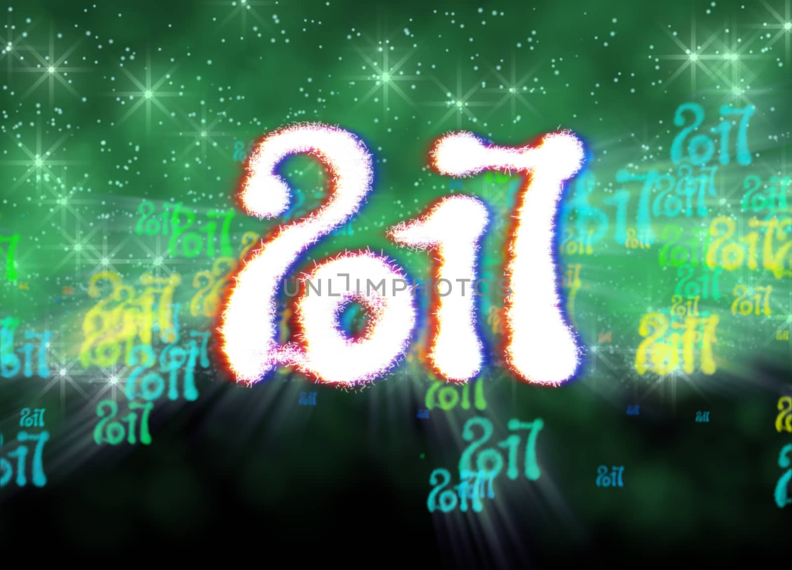 Happy new year 2017 isolated numbers written with light on bright bokeh background full of flying digits 3d illustration by skrotov