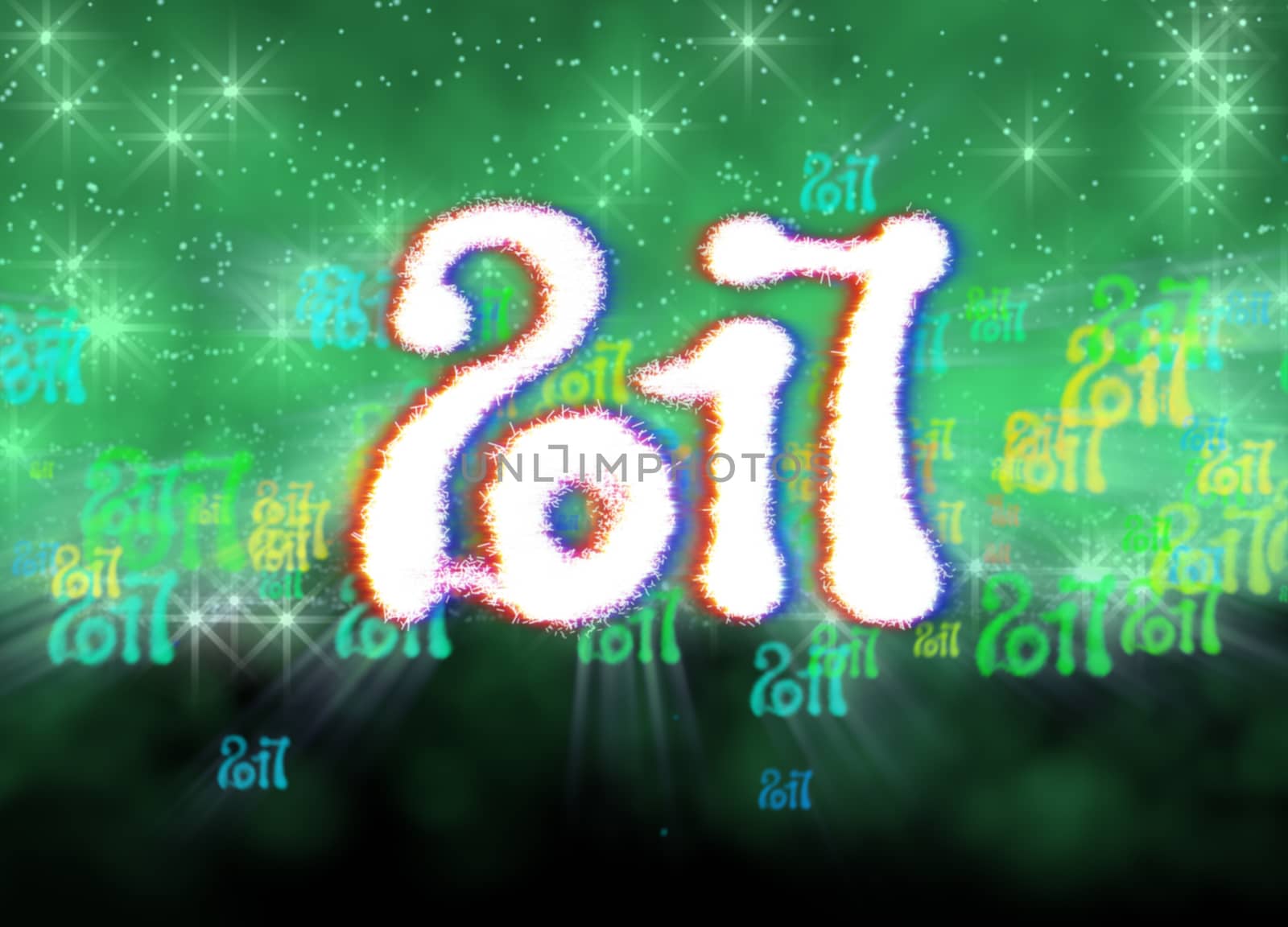 Happy new year 2017 isolated numbers written with light on bright bokeh background full of flying digits 3d illustration.