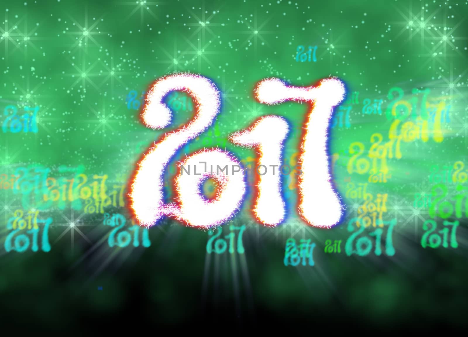 Happy new year 2017 isolated numbers written with light on bright bokeh background full of flying digits 3d illustration by skrotov