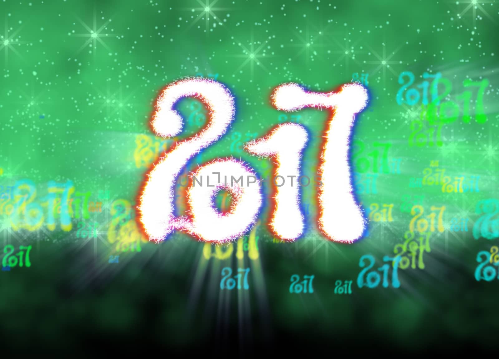 Happy new year 2017 isolated numbers written with light on bright bokeh background full of flying digits 3d illustration.