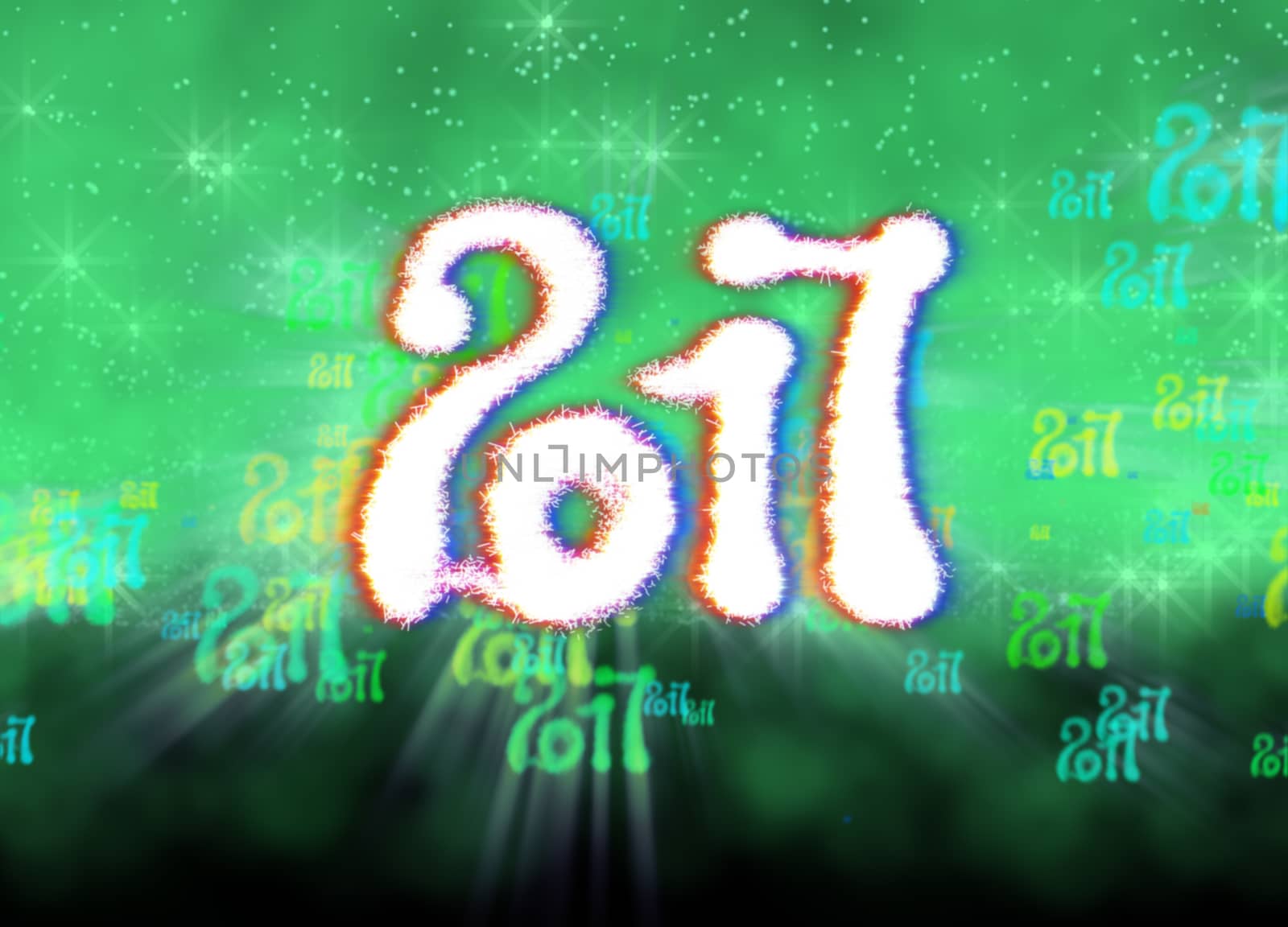 Happy new year 2017 isolated numbers written with light on bright bokeh background full of flying digits 3d illustration by skrotov