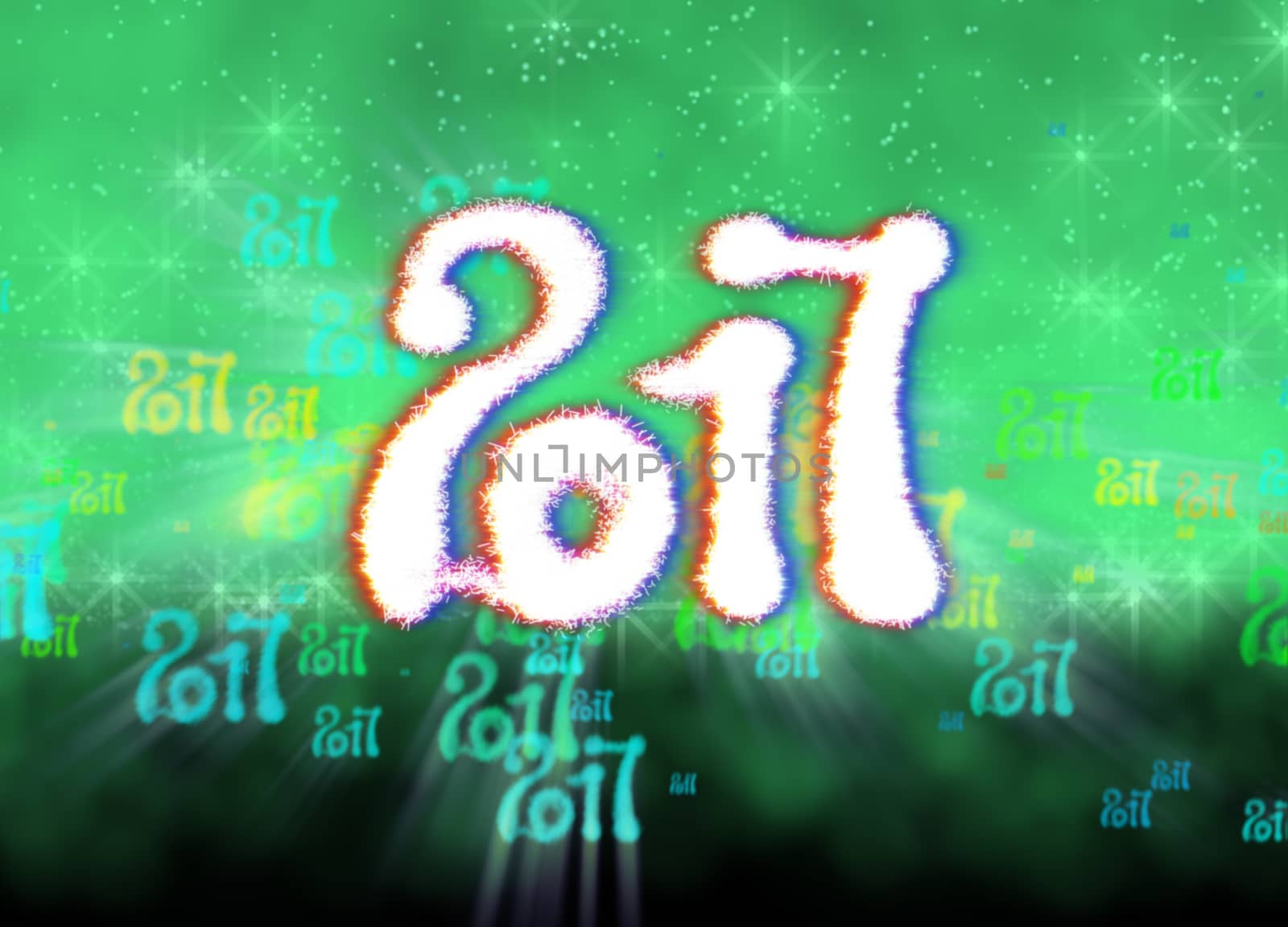 Happy new year 2017 isolated numbers written with light on bright bokeh background full of flying digits 3d illustration by skrotov