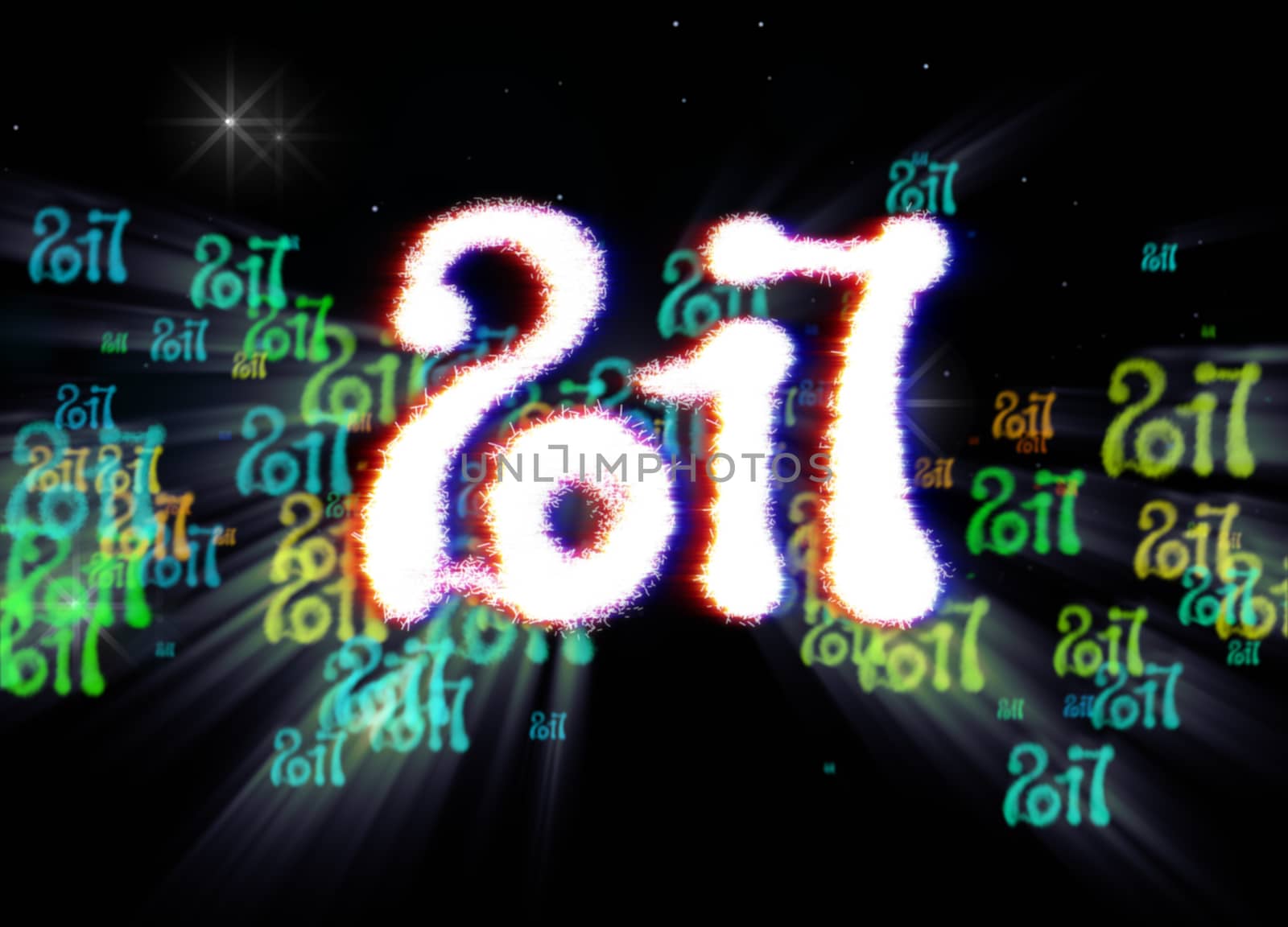 Happy new year 2017 isolated numbers written with light on bright bokeh background full of flying digits 3d illustration by skrotov