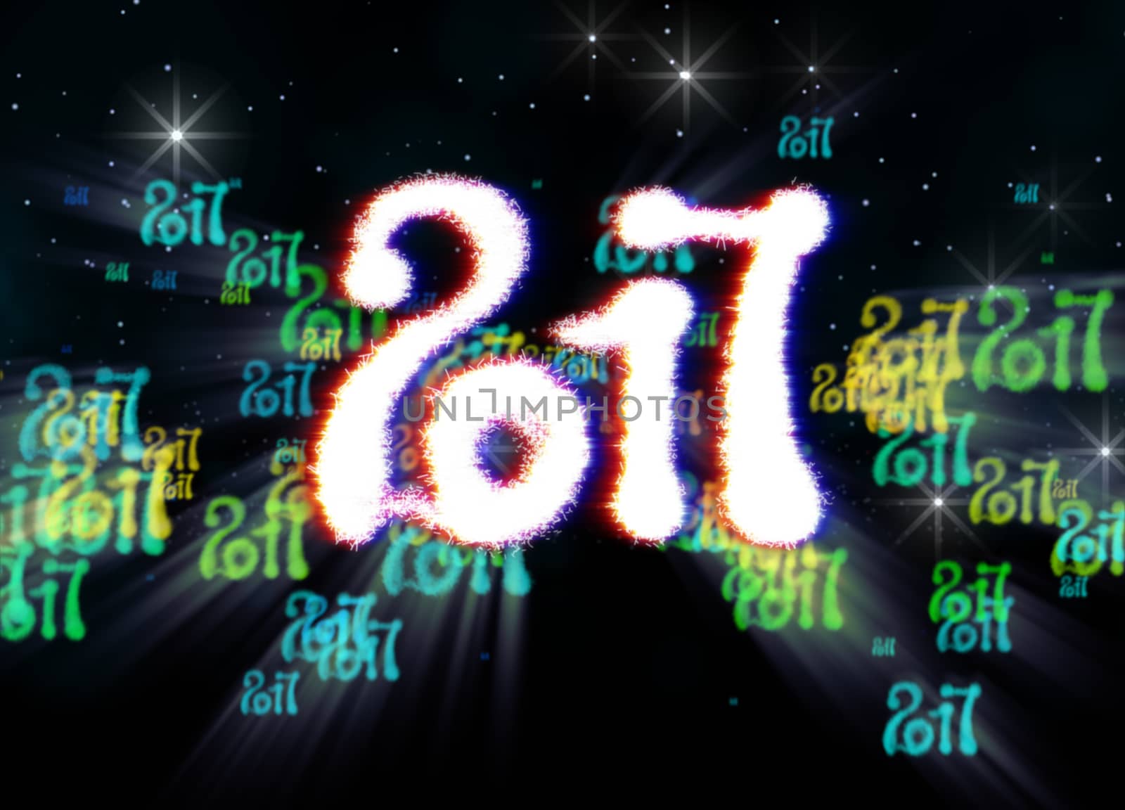 Happy new year 2017 isolated numbers written with light on bright bokeh background full of flying digits 3d illustration by skrotov