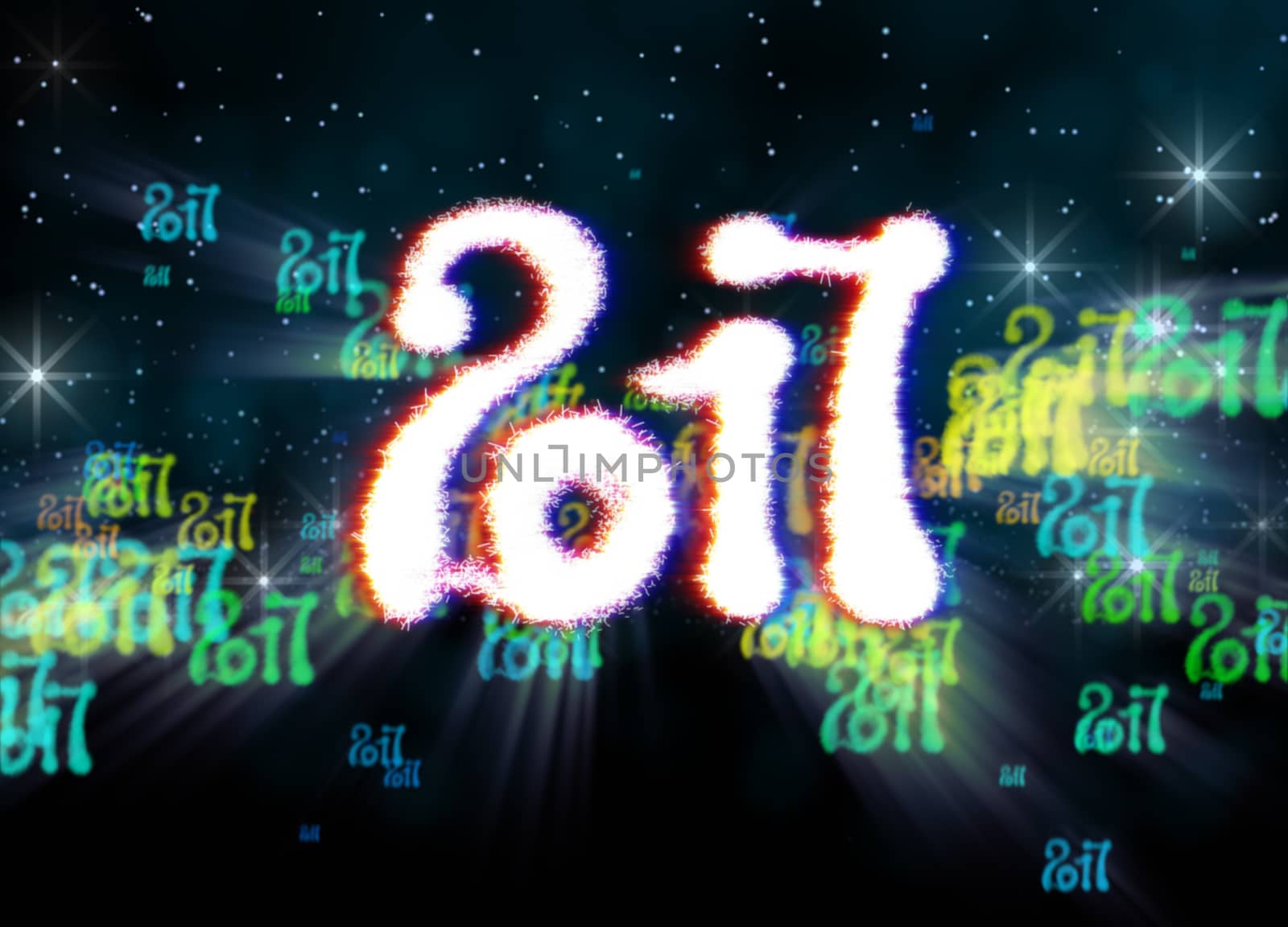 Happy new year 2017 isolated numbers written with light on bright bokeh background full of flying digits 3d illustration by skrotov