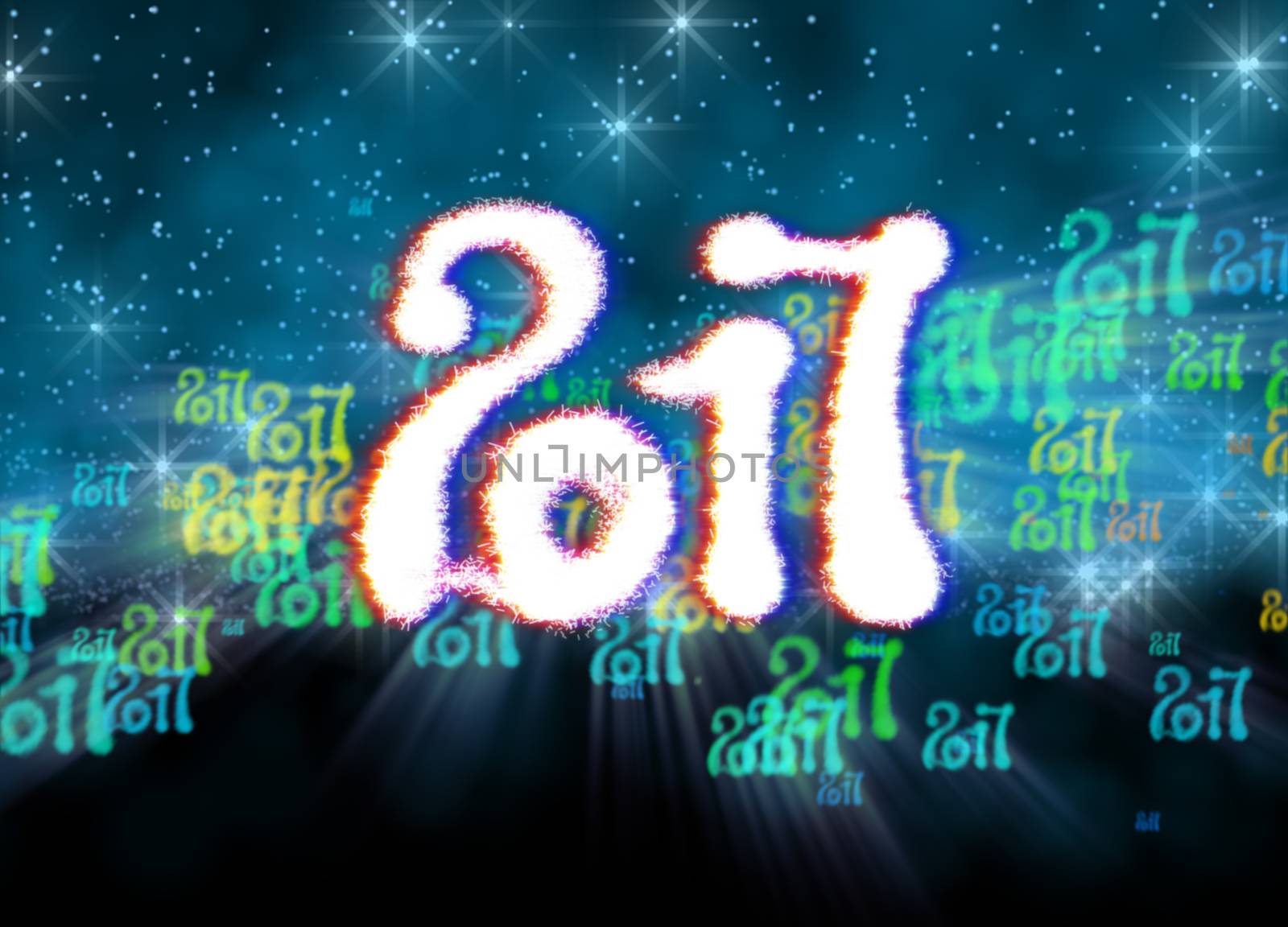 Happy new year 2017 isolated numbers written with light on bright bokeh background full of flying digits 3d illustration.