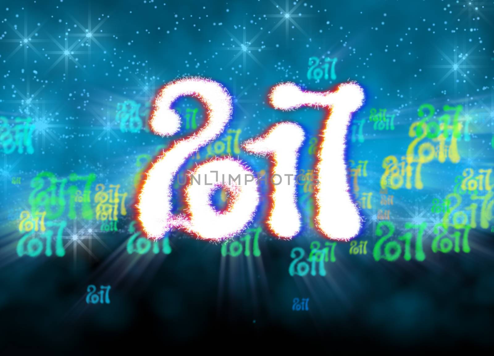 Happy new year 2017 isolated numbers written with light on bright bokeh background full of flying digits 3d illustration by skrotov