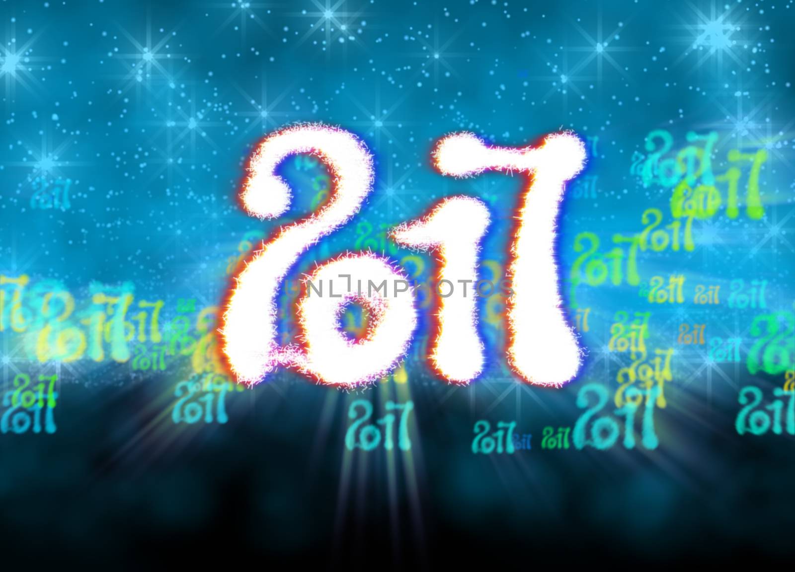 Happy new year 2017 isolated numbers written with light on bright bokeh background full of flying digits 3d illustration by skrotov