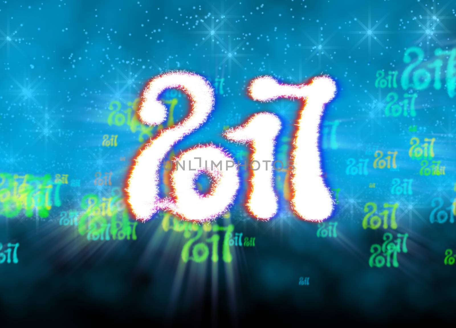 Happy new year 2017 isolated numbers written with light on bright bokeh background full of flying digits 3d illustration by skrotov