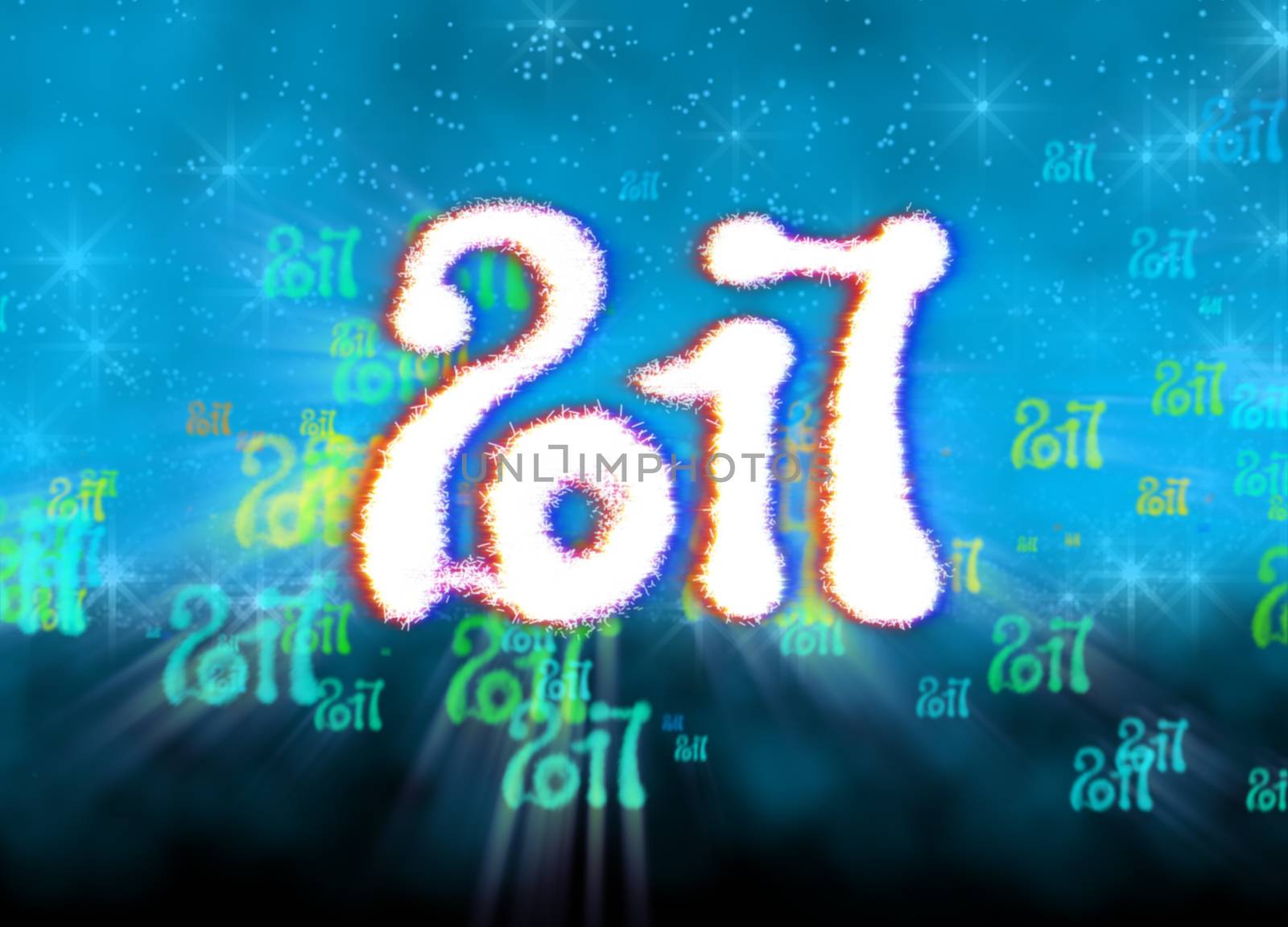 Happy new year 2017 isolated numbers written with light on bright bokeh background full of flying digits 3d illustration.