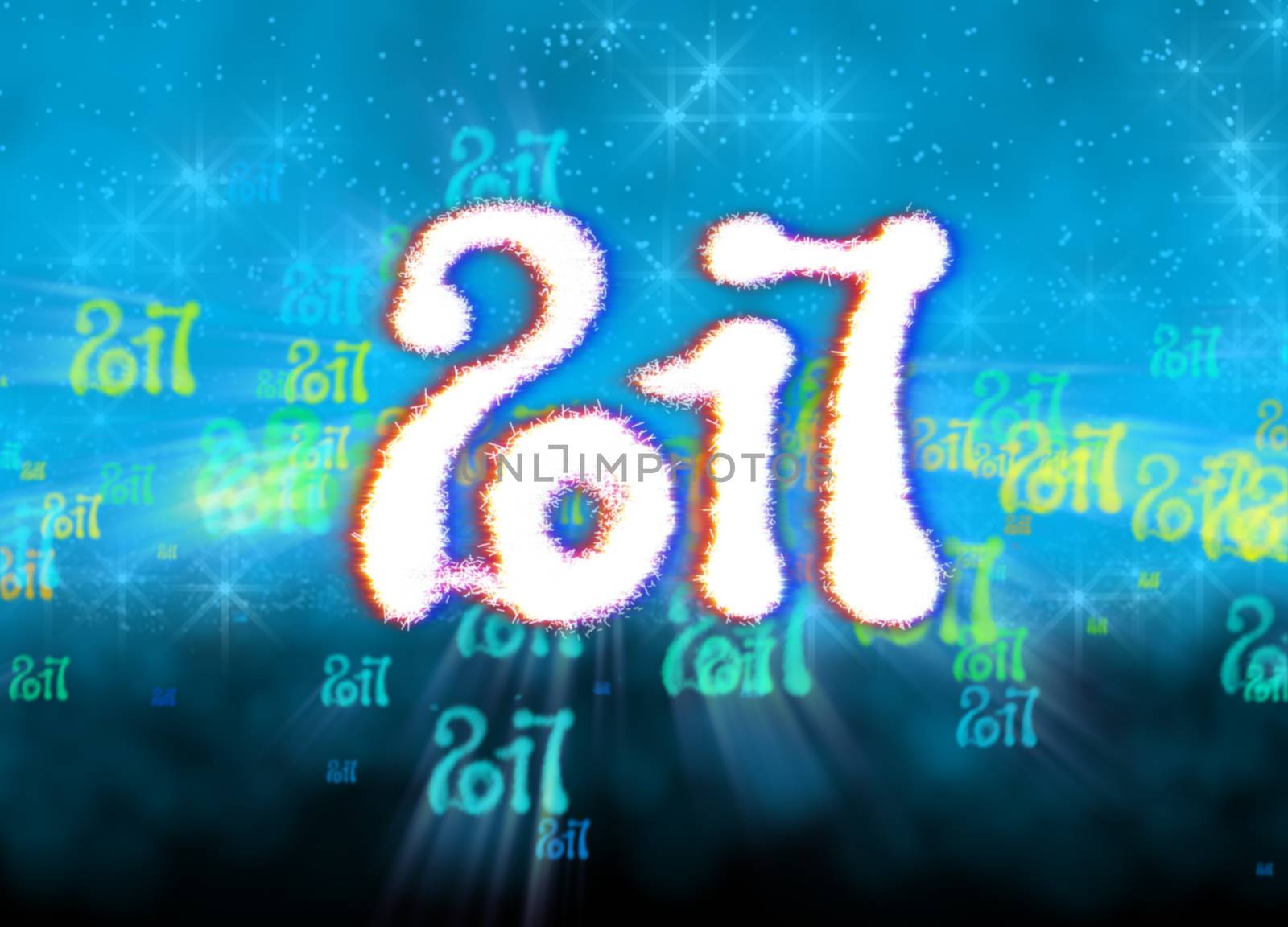 Happy new year 2017 isolated numbers written with light on bright bokeh background full of flying digits 3d illustration by skrotov