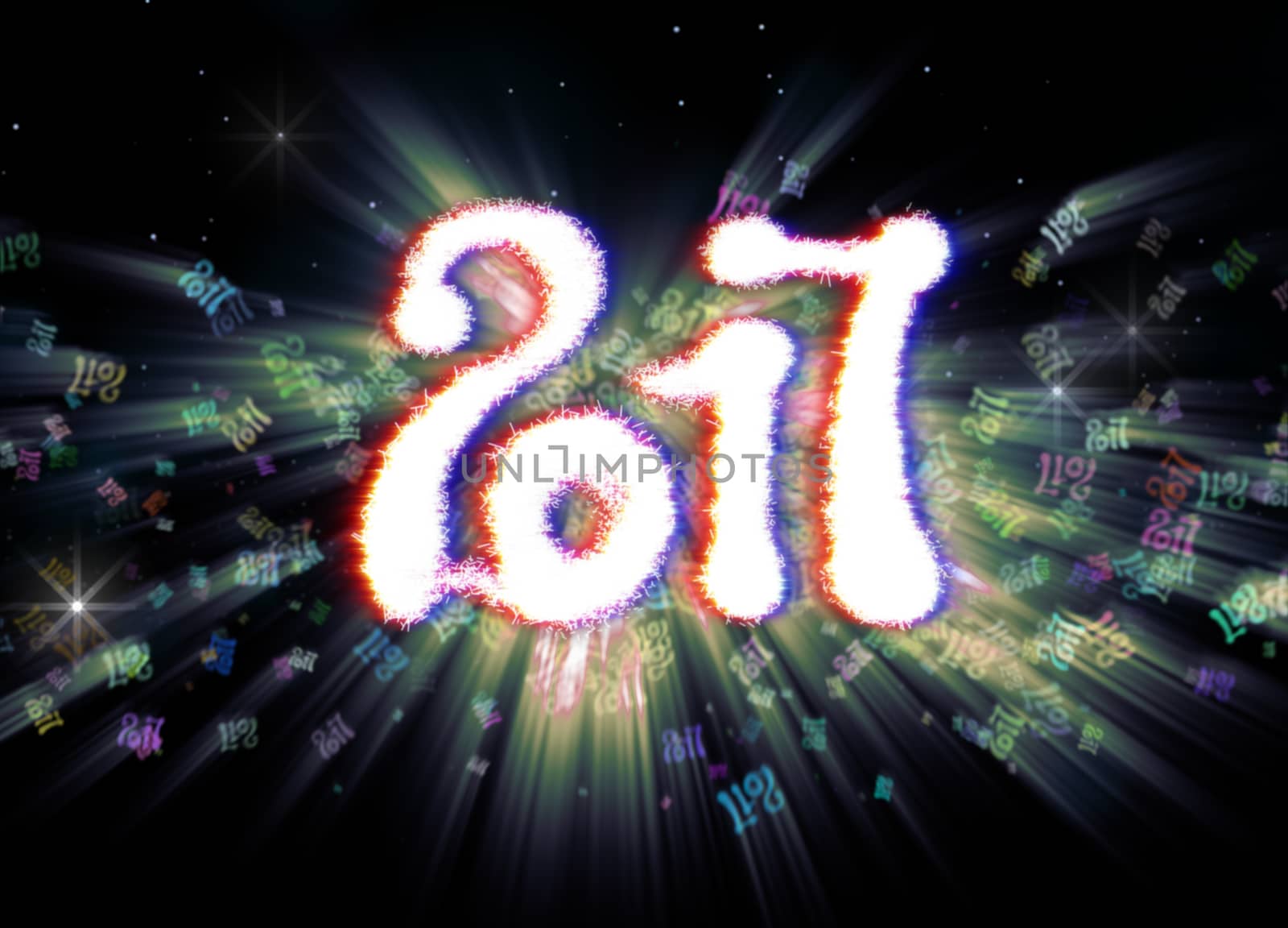 Happy new year 2017 isolated numbers written with light on bright bokeh background full of flying digits 3d illustration.