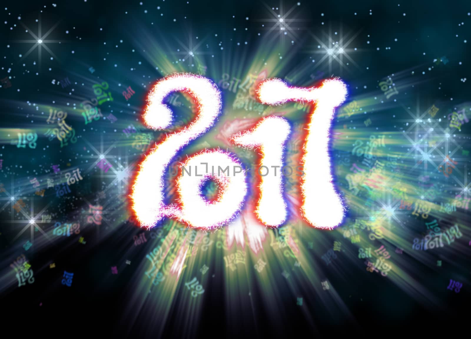 Happy new year 2017 isolated numbers written with light on bright bokeh background full of flying digits 3d illustration by skrotov