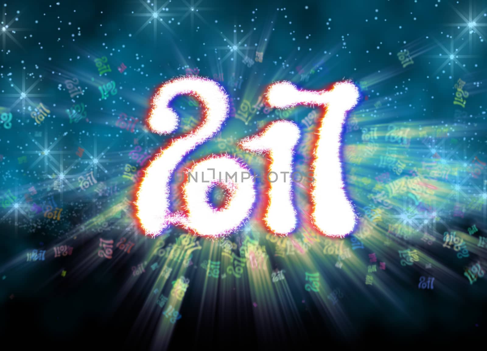 Happy new year 2017 isolated numbers written with light on bright bokeh background full of flying digits 3d illustration by skrotov