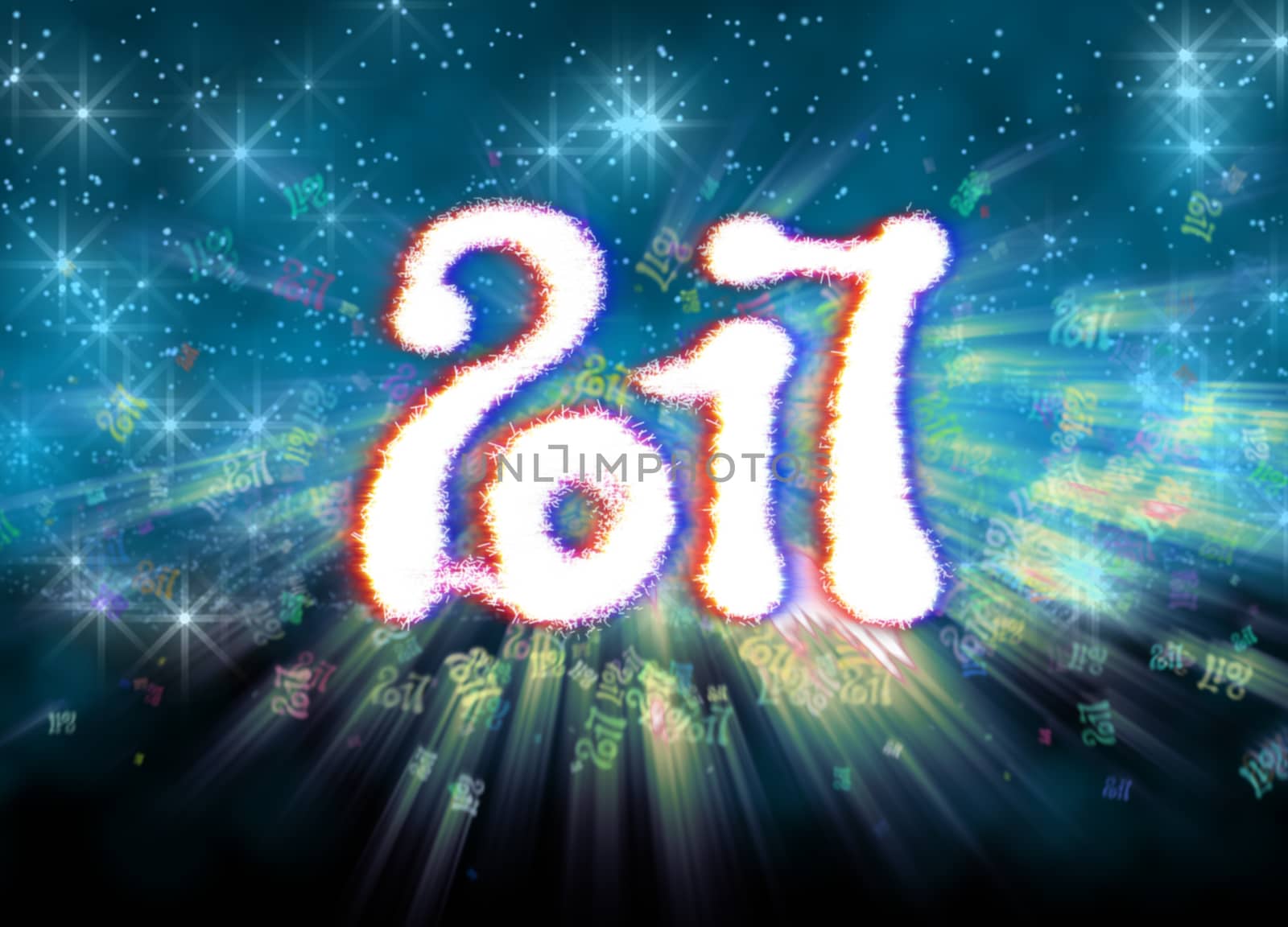 Happy new year 2017 isolated numbers written with light on bright bokeh background full of flying digits 3d illustration by skrotov